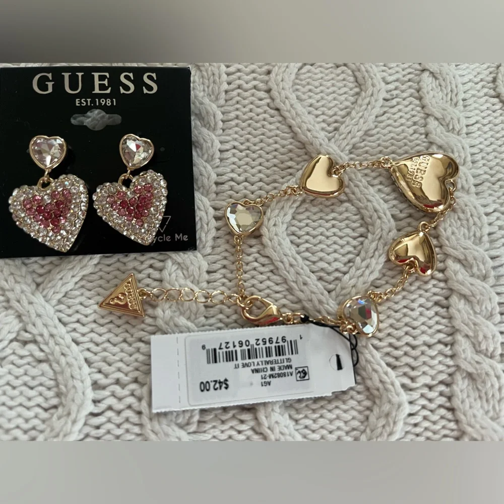 GUESS SET of Gold and Pink Heart Earrings with Matching Bracelet great gift! - Picture 15 of 15